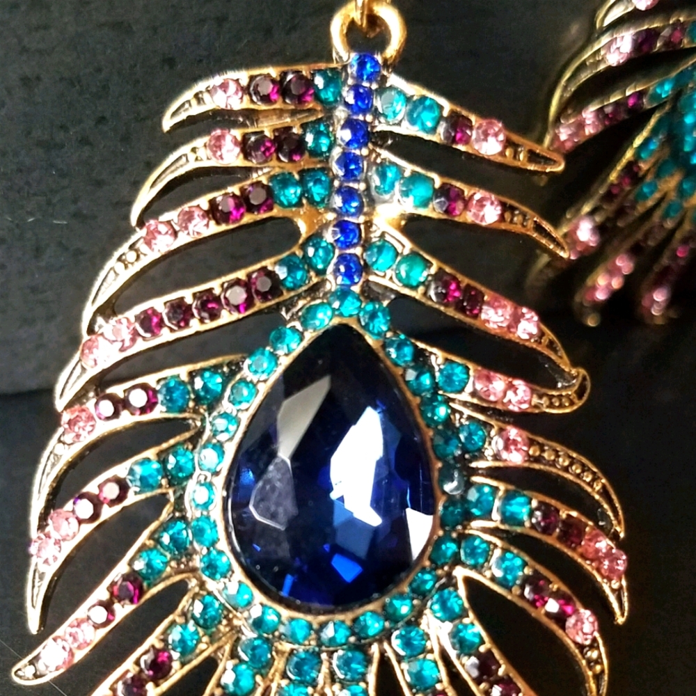 New peacock rhinestone feather earrings